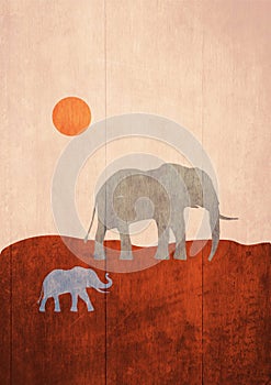 Peaceful minimalist elephant and his baby terra color in sunrise in desert, elephant illustration. Aesthetic poster with saturated