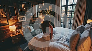 Peaceful moment as a woman looks out to a cityscape from a modern bedroom with warm lighting.