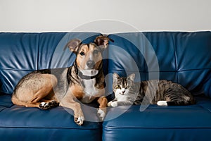 A peaceful moment on a blue couch with a dog and cat, creating a cozy atmosphere