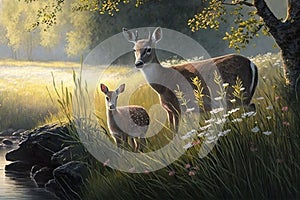 peaceful moment, with deer grazing in the meadow