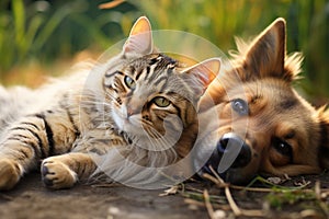 A peaceful moment Dog and cat relax side by side outdoors