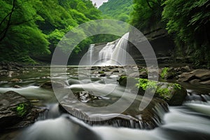 peaceful moment, with the sound of rushing water, and dramatic waterfall in the background