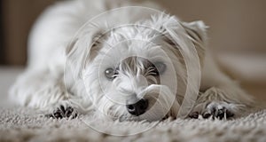 Peaceful moment of a white dog resting on a soft surface