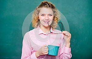 Peaceful morning. good morning. girl refreshing with tea drink. school teacher need coffee break. woman with coffee cup