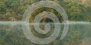 Peaceful morning reflections in a calm lake. Rydal Water, Lake District, UK.