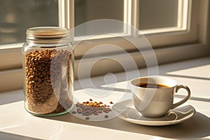 Peaceful morning scene featuring .glass jar filled with ground coffee, white coffee cup on sunlit table. Play of light, shadows