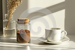 Peaceful morning scene featuring .glass jar filled with ground coffee, white coffee cup on sunlit table. Play of light, shadows