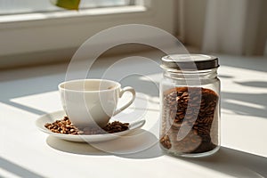 Peaceful morning scene featuring .glass jar filled with ground coffee, white coffee cup on sunlit table. Play of light, shadows