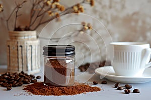 Peaceful morning scene featuring .glass jar filled with ground coffee, white coffee cup on sunlit table. Play of light, shadows