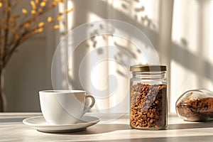 Peaceful morning scene featuring .glass jar filled with ground coffee, white coffee cup on sunlit table. Play of light, shadows