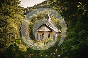 peaceful mountain chapel, surrounded by lush greenery, and birds singing in the trees