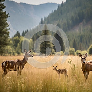 Peaceful Mountain Meadow with a Doe and Fawn Grazing