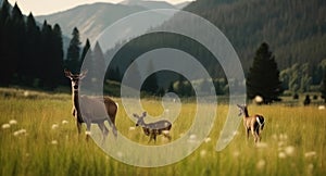 Peaceful Mountain Meadow with a Doe and Fawn Grazing