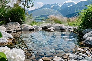 Peaceful mountain stream with rocky shore