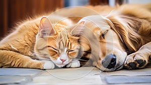 Peaceful Nap: Golden Retriever and Ginger Cat Together, Animal Friendship