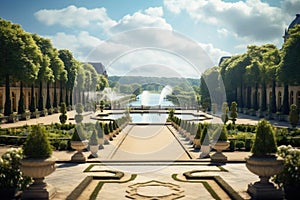 A peaceful oasis with a centrally placed fountain set amidst a sprawling garden, Palace of Versailles gardens in Spring, AI