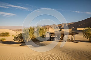peaceful oasis surrounded by soaring dunes and sunbaked peaks