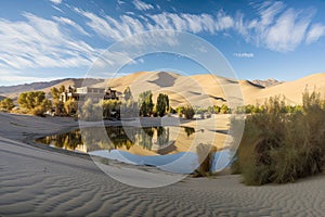 peaceful oasis surrounded by soaring dunes and sunbaked peaks