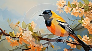 Peaceful Oriole Illustration On Cherry Branch - Neogeo Style