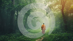 A peaceful panorama of a monk walking down a quiet path in a misty forest embodying the meditative nature of silence. 2d