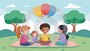 In a peaceful park a group of children sit on a blanket with colorful balloons tied to their wrists speaking about the