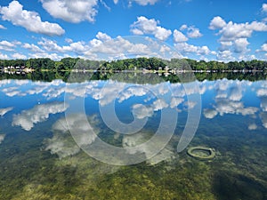 Peaceful park lake under a blue sky with fluffy clouds