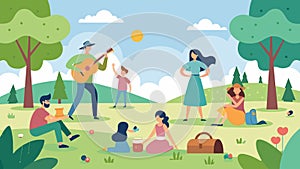 A peaceful park scene with families picnicking and children dancing to the lively melodies of a street musicians banjo photo