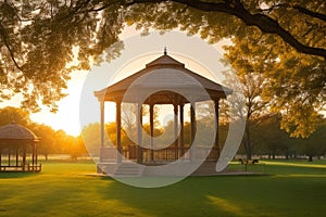 A peaceful park scene with a gazebo and trees in silhouette against the setting sun.