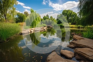 peaceful park with serene pond and greenery, perfect place to unwind