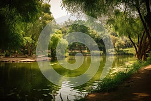 peaceful park with serene pond and greenery, perfect place to unwind