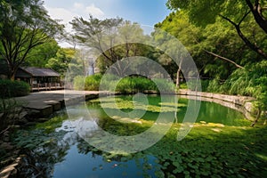 peaceful park with serene pond and greenery, perfect place to unwind