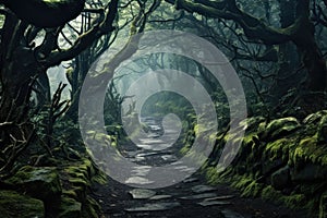 A peaceful path winds its way through a lush forest, with vibrant moss covering the ground, A narrow, winding path through an