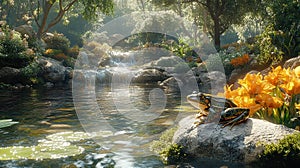Peaceful Pond with Frog and Waterfall