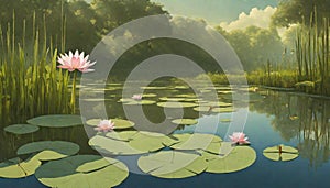 A peaceful pond surrounded by reeds and water lilies, with dragonflies hovering