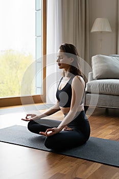 Peaceful pretty yogi woman in sportswear practicing meditation at home