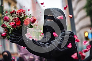 Peaceful Protester Holding a Bouquet of Flowers during a Flower Revolution