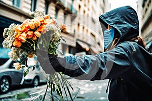 Peaceful Protester Holding a Bouquet of Flowers during a Flower Revolution