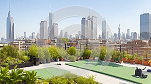 A peaceful rooftop garden with a yoga mat overlooking the city skyline.