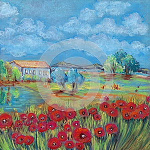 Peaceful rural landscape with lake, house and poppy field drawing by pastel