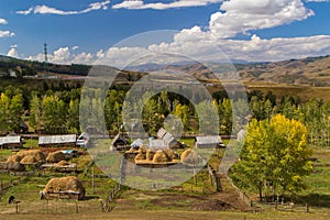 Peaceful Rural Village against Autumn Forest