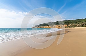 Peaceful sandy beach with gentle waves and tree covered cliffs in the background photo