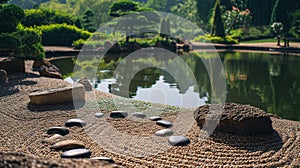a peaceful scene depicting a traditional Japanese garden with a koi pond, meticulously raked gravel