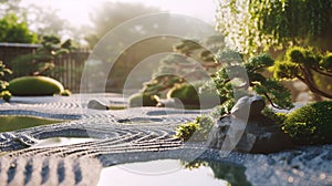 a peaceful scene depicting a traditional Japanese garden with a koi pond, meticulously raked gravel