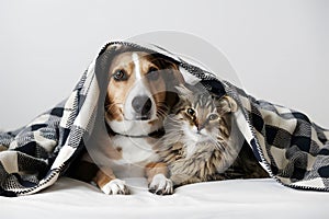 Peaceful scene with dog and cat snuggled under checkered blanket Comfortable and cozy vibe