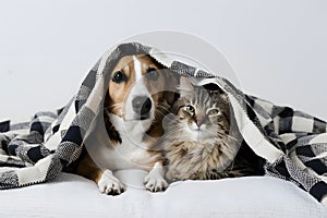 Peaceful scene with dog and cat snuggled under checkered blanket Comfortable and cozy vibe