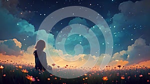 A peaceful scene of a girl sitting amidst a field of flowers, captivated by the beauty of the night sky, Illustration of a girl