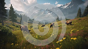 Alpine Cows Grazing on Wildflowers. Generative AI