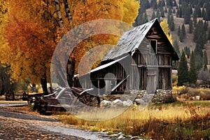 A peaceful scene of an old log cabin nestled in the mountains, with a tall tree in the foreground, An old, rustic barn in an