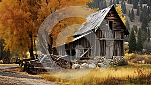 A peaceful scene of an old log cabin nestled in the mountains, with a tall tree in the foreground, An old, rustic barn in an