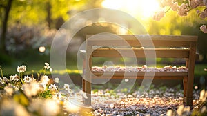 A peaceful scene of a sunlit, empty bench in a blooming garden